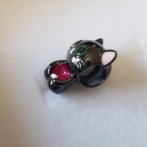 New Black Cat Silver Plated Fit Charm, with pink heart Rhinestone - Picture 3 of 7
